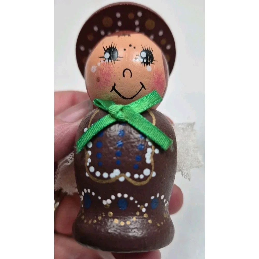 Vintage Hand‎ Painted Wooden Angel Ornaments Set of 3 Retro Kitsch Lace Wings
